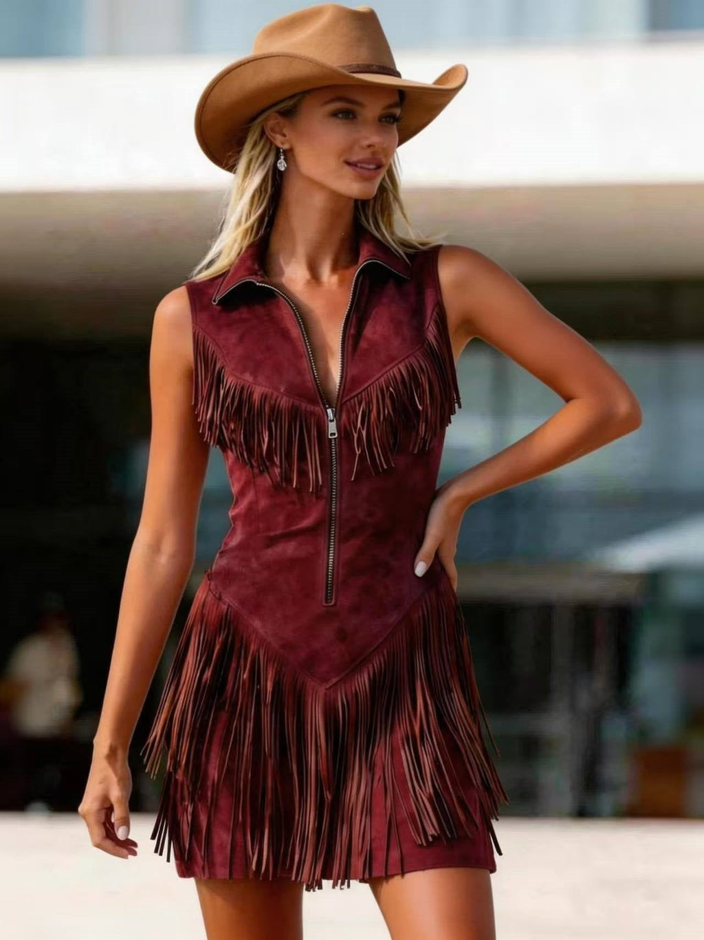 Women's Suede Western Tassel Sleeveless Slim-Fit Midi Dress
