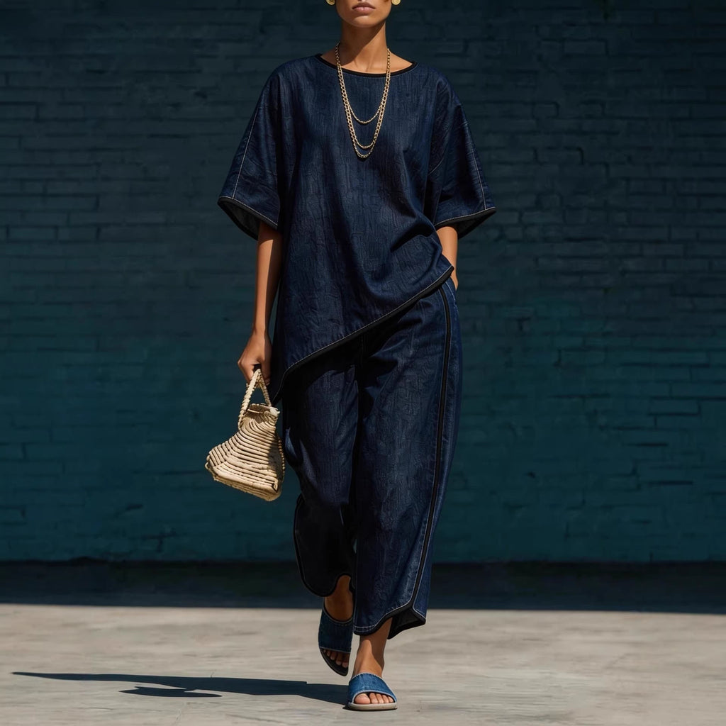 Women's Denim-Style Knit Top & Wide-Leg Pants Set – Casual 2-Piece