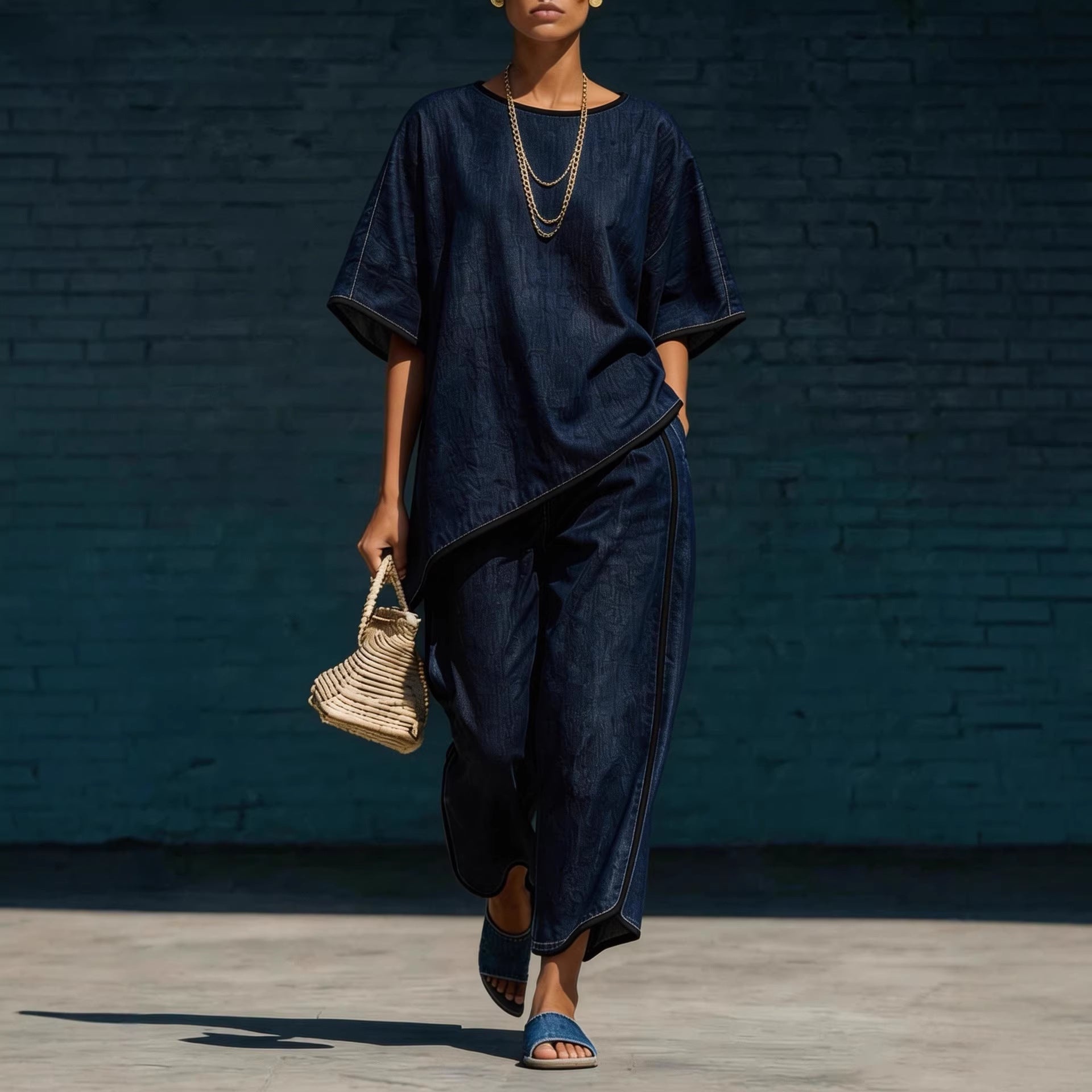 Women's Denim-Style Knit Top & Wide-Leg Pants Set – Casual 2-Piece