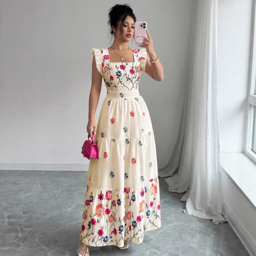 Women’s Puff Sleeve Floral Print Waist-Cinching Dress