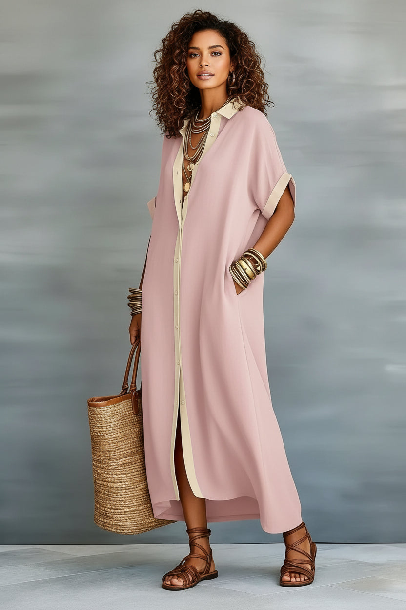 Color-Block Shirt Maxi Dress – Women's Loose Button-Front Long Dress with Contrast Collar