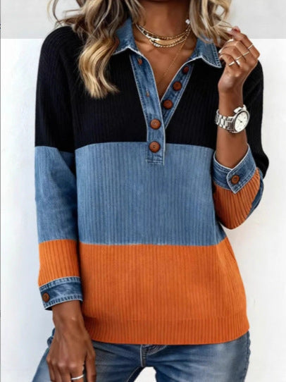 Contrast Color Button-Detail Pullover Knit Top – Women’s Elegant Commuter
