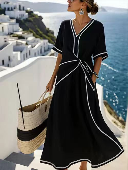 Striped Print Maxi Dress – Short Sleeve Beach Vacation Dress