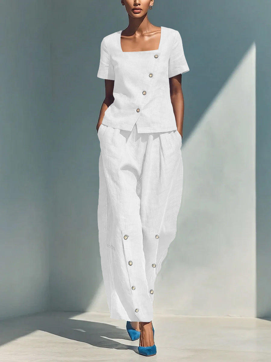 Women's Loose Short-Sleeve Top & High-Waist Pants Set – Plus Size Friendly