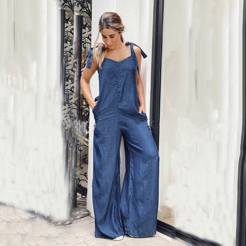Women’s Crew Neck Sleeveless Wide-Leg Denim Jumpsuit