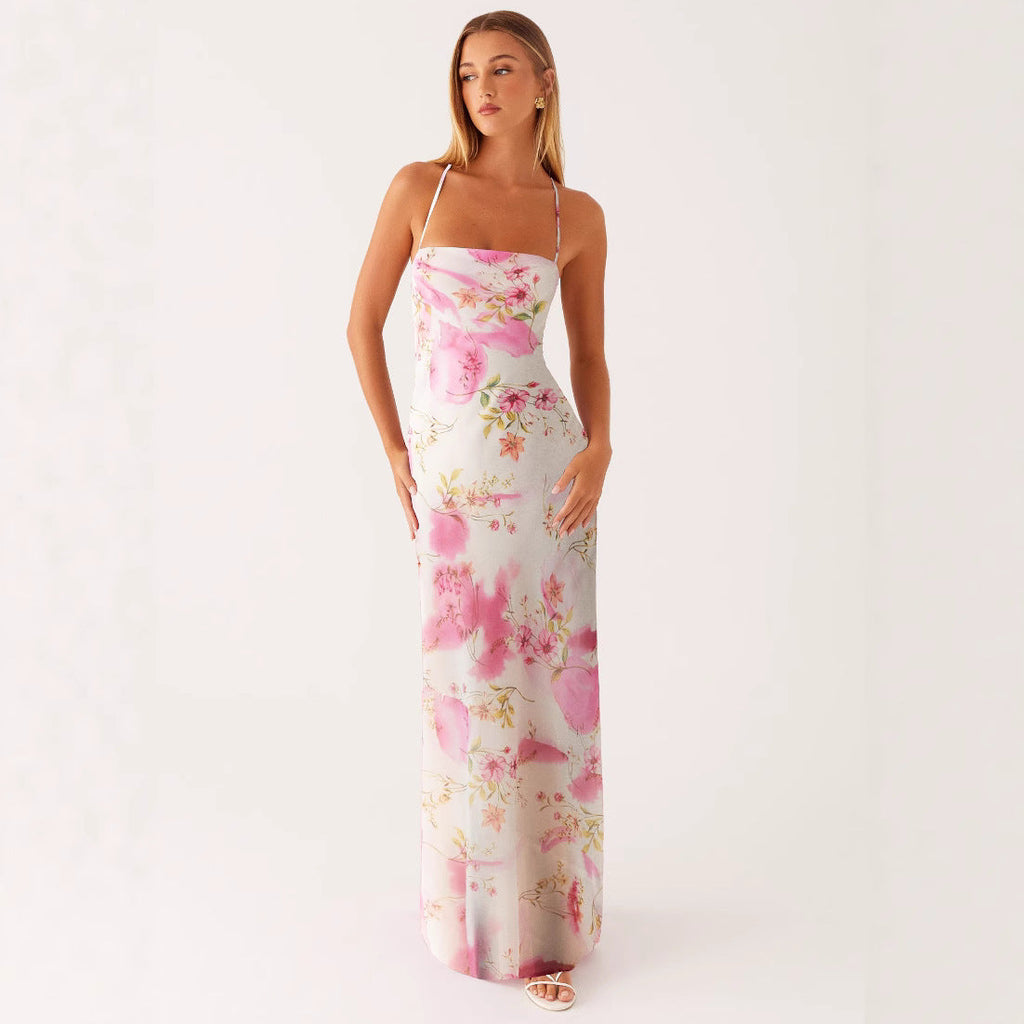 Printed Sleeveless Strap Bodycon Maxi Dress | High Waist