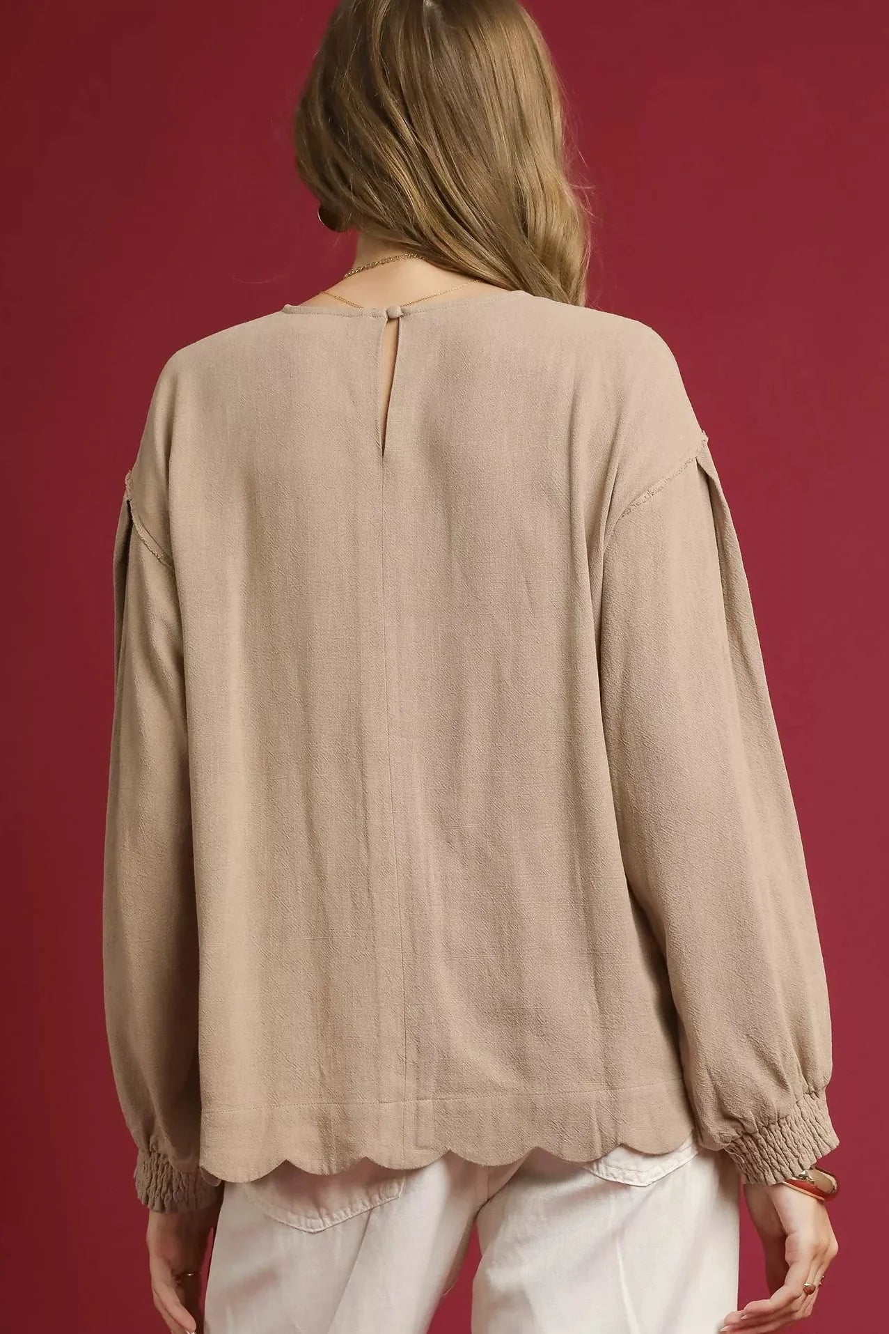 Umgee Linen Scallop Hem Long Sleeve Blouse | Fitiquefit