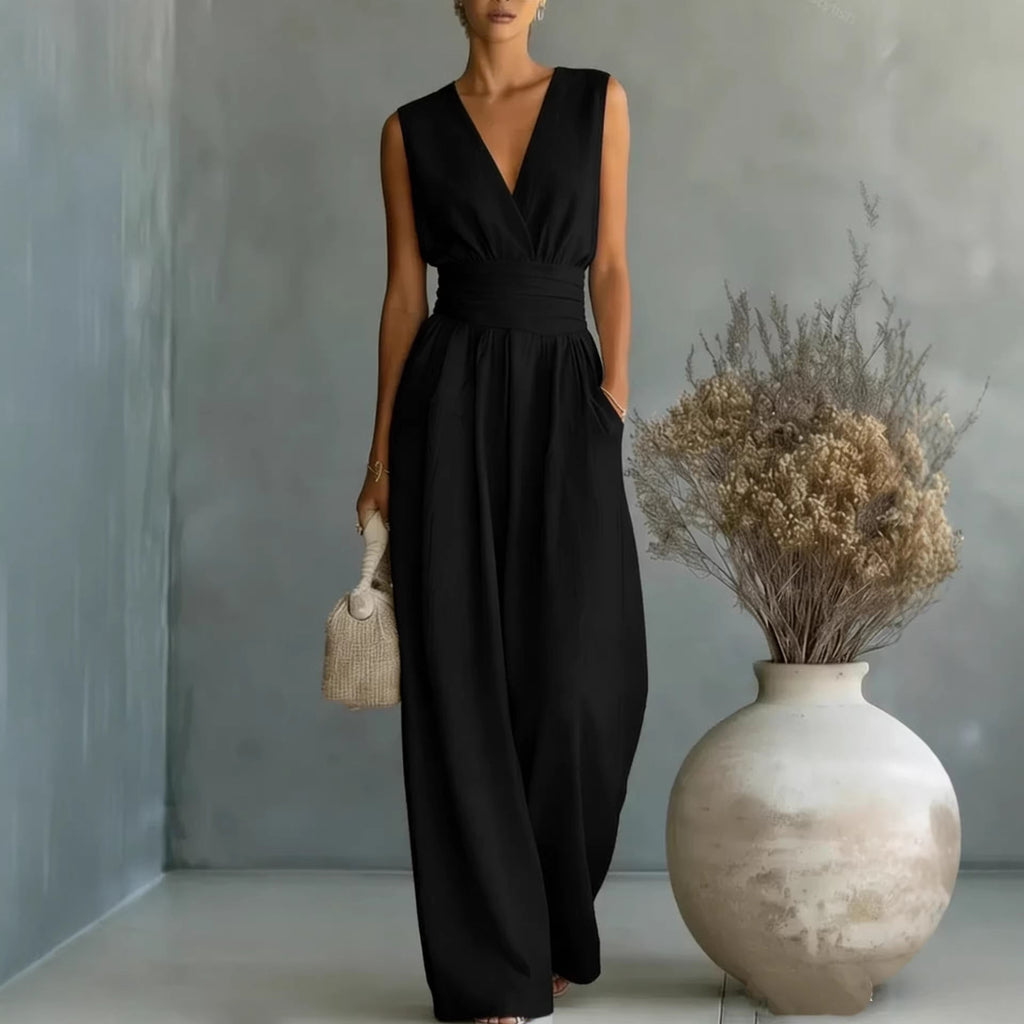 Women's Elegant V-Neck Sleeveless Jumpsuit – Waist-Cinching Straight Leg