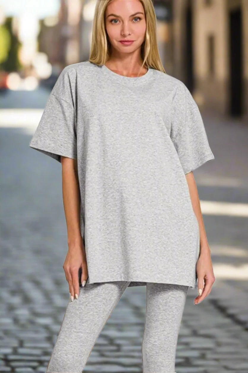 Zenana Cotton Round Neck Top & Legging Set