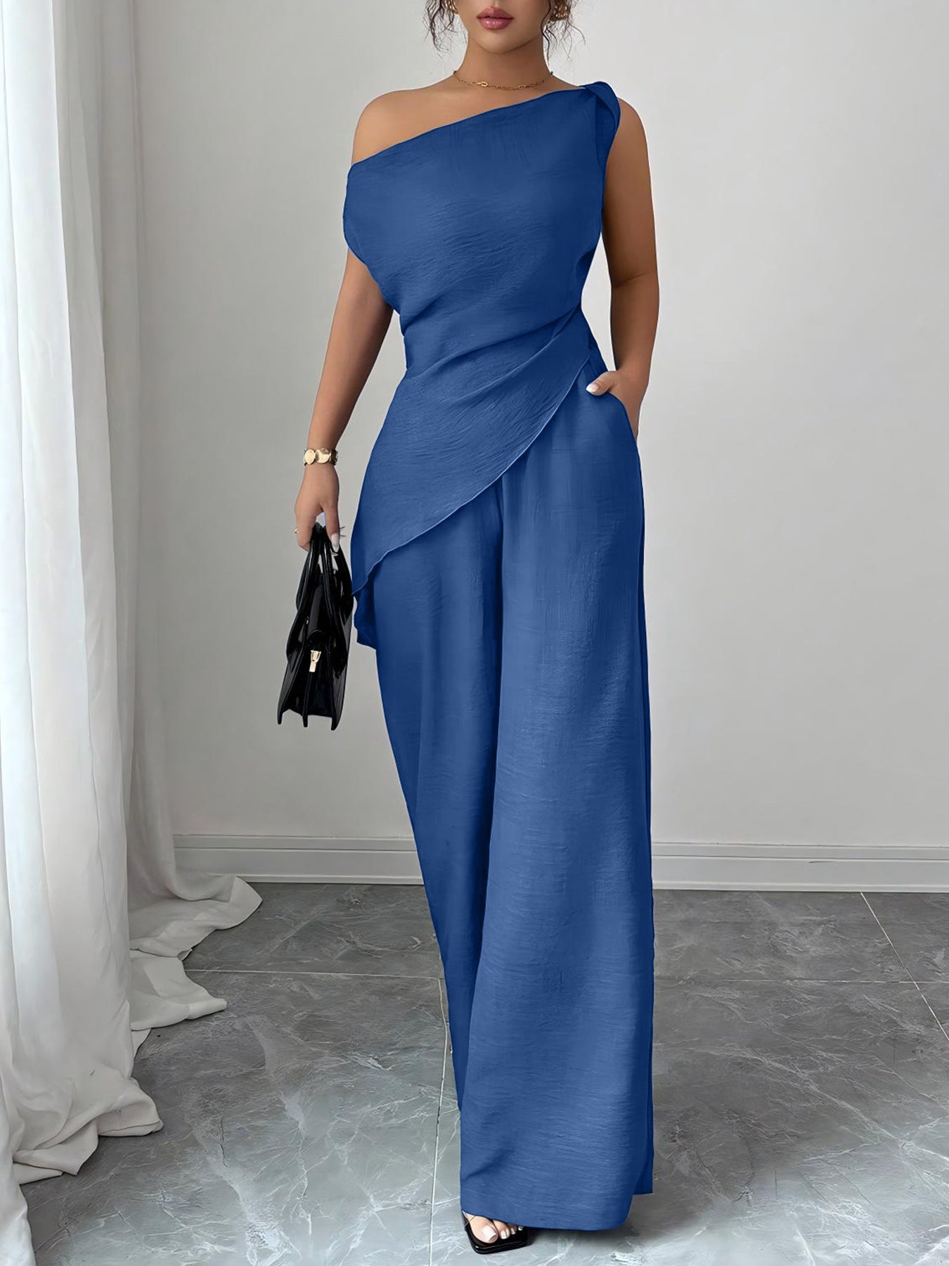 One-Shoulder Asymmetric Top & Wide-Leg Pants 2-Piece Set – Women's Elegant Co-ord Suit