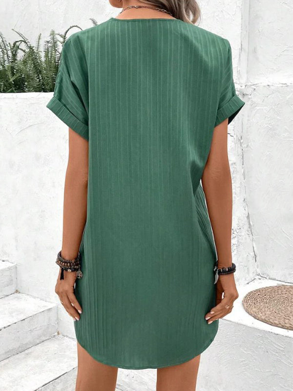 Button-Front V-Neck Dress – Short Sleeve Solid Casual Shirt Dress