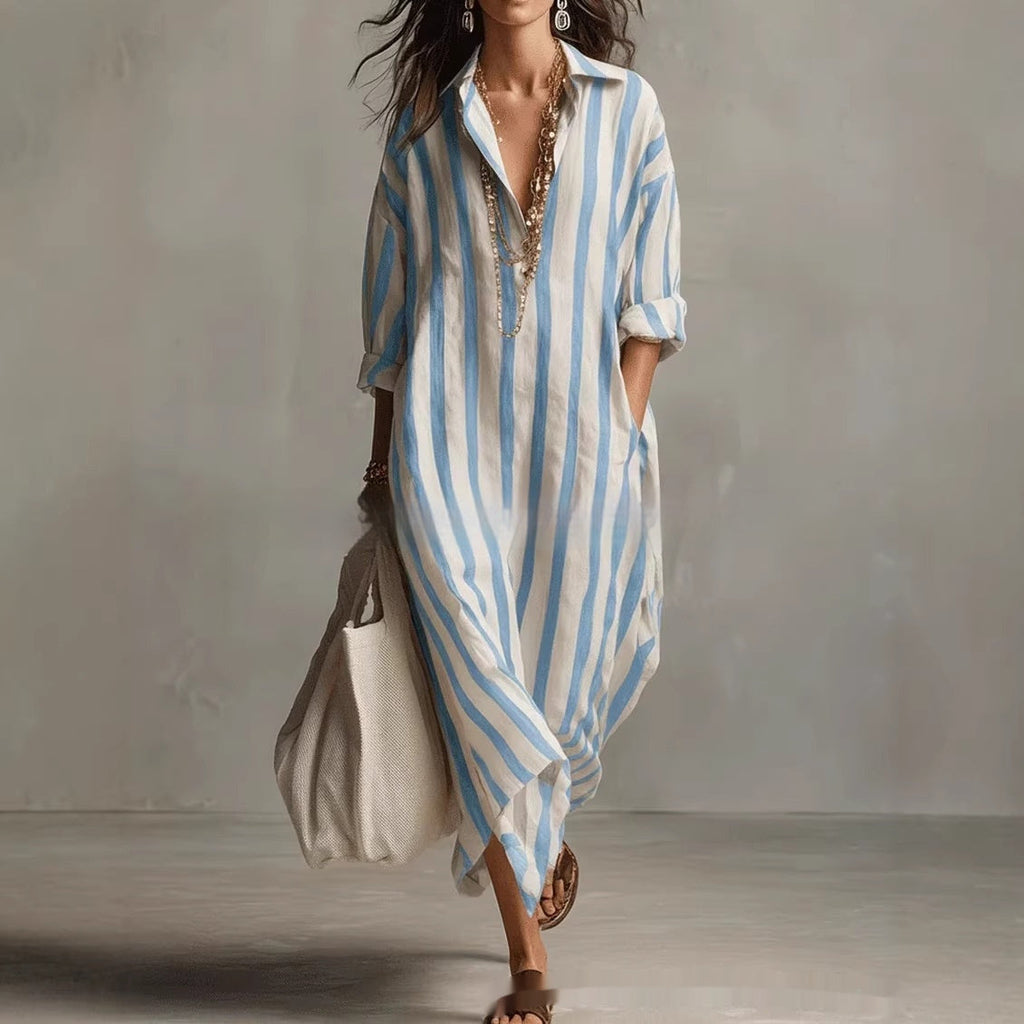 Striped Lapel Collar Dress – Side Slits & Pockets