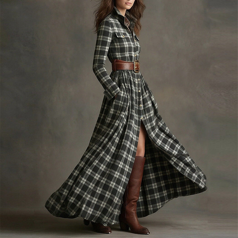 Women's Printed Lapel Slim-Fit Dress – Elegant Commuter Style