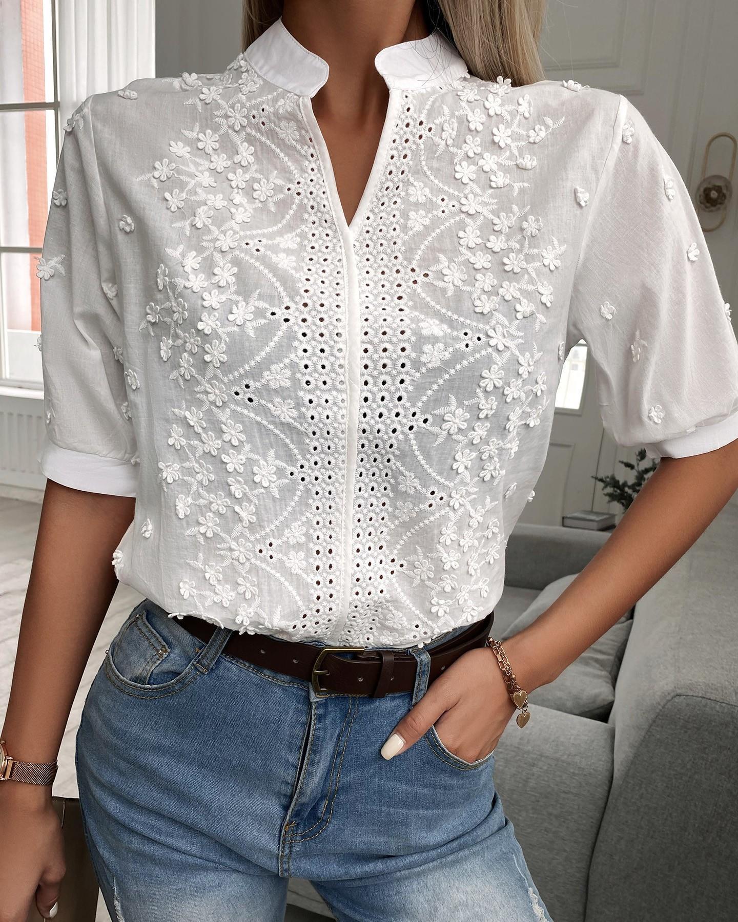 🌸 Women's V-Neck Stand Collar Embroidered Lace Blouse