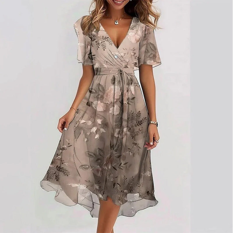 Floral Print A-Line Dress – V-Neck Short Sleeve Midi Dress