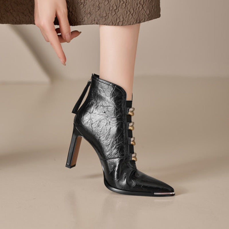 Women's Satin Pointed Toe Chunky Heel Short Boots – Ultra High Heel