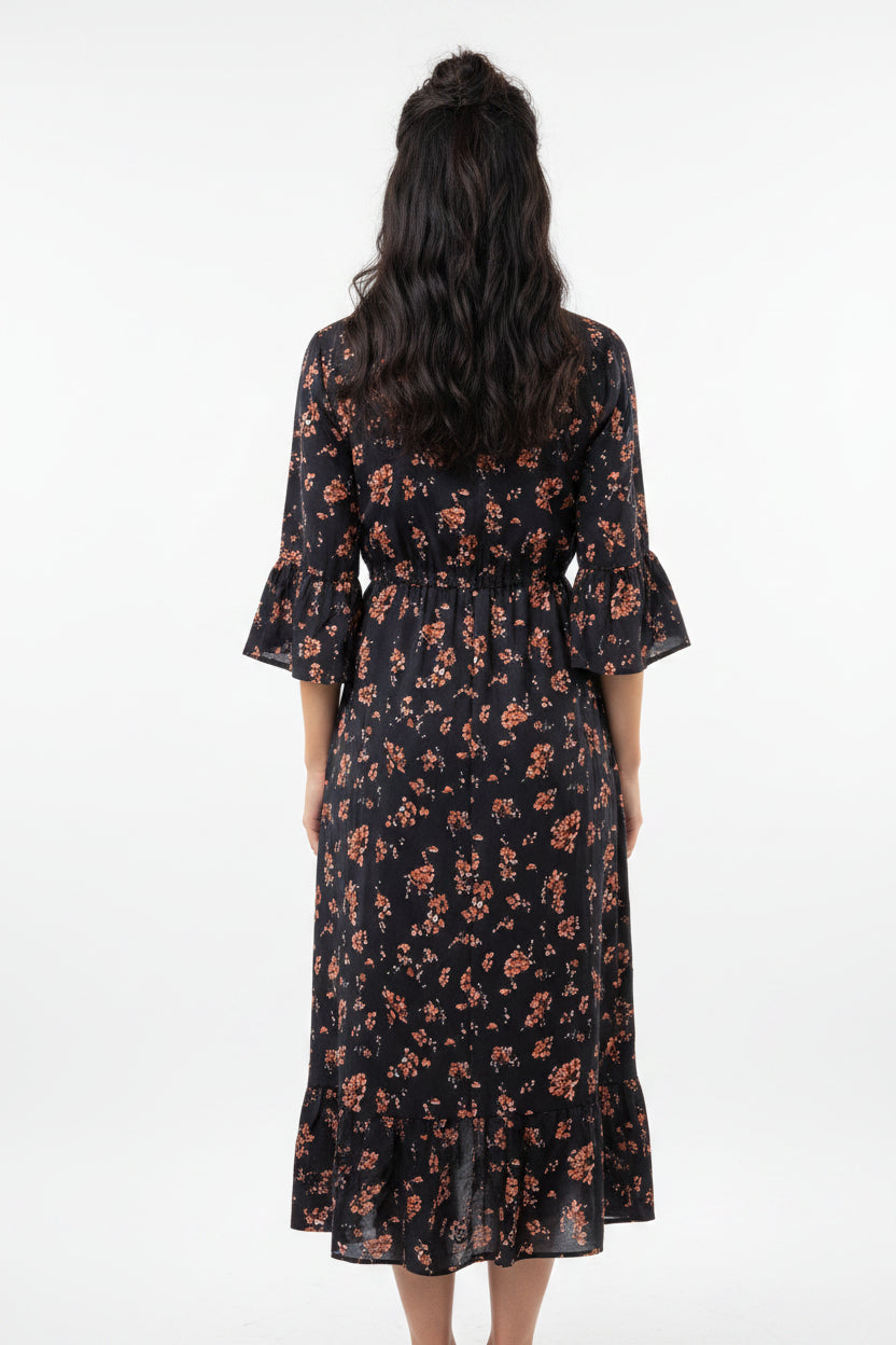 Women's Floral Printed Denim Patchwork Midi Dress — A-Line Half Sleeve