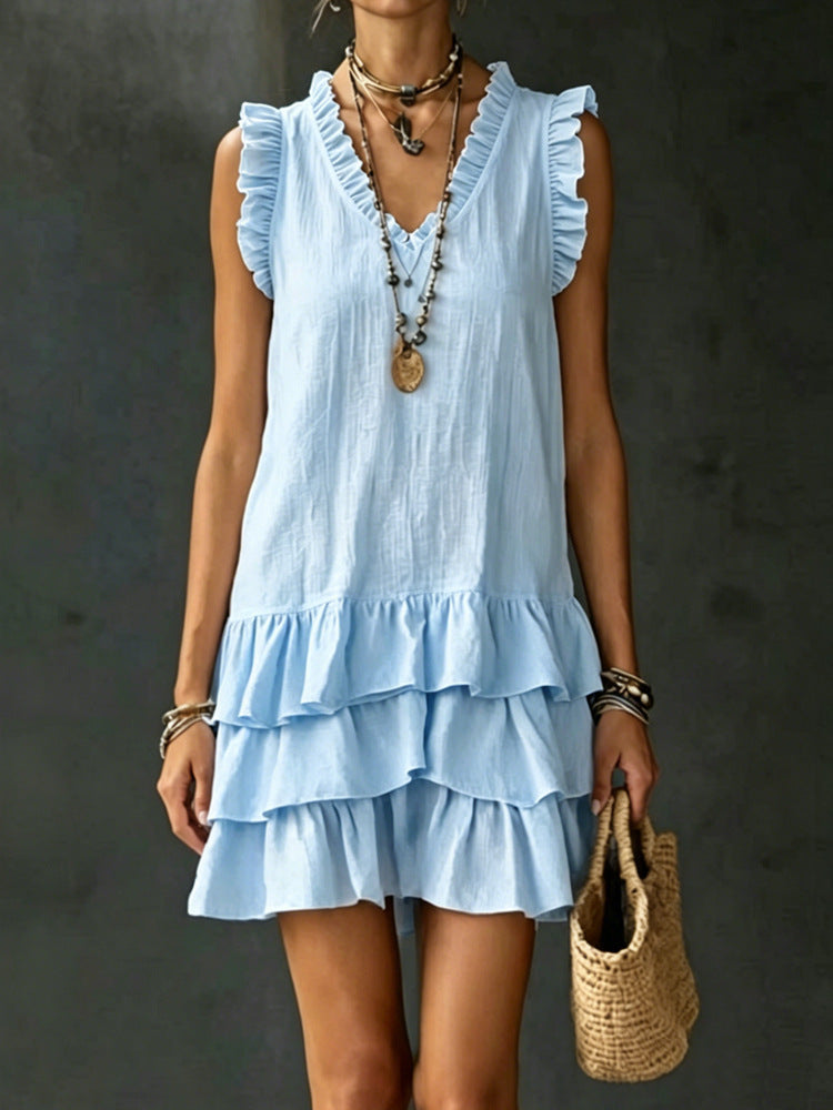 V-Neck Ruffle-Trim Tiered Sleeveless Midi Dress – 4 Colors, S–XXL