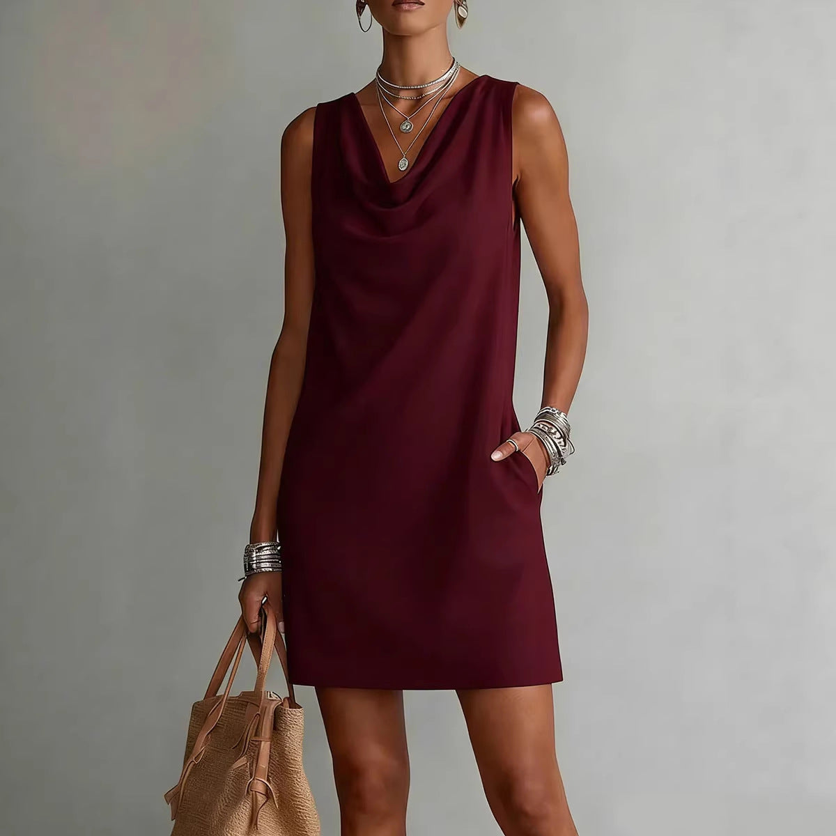 Women's Off-Shoulder Sleeveless Dress – Casual Pullover Midi Dress