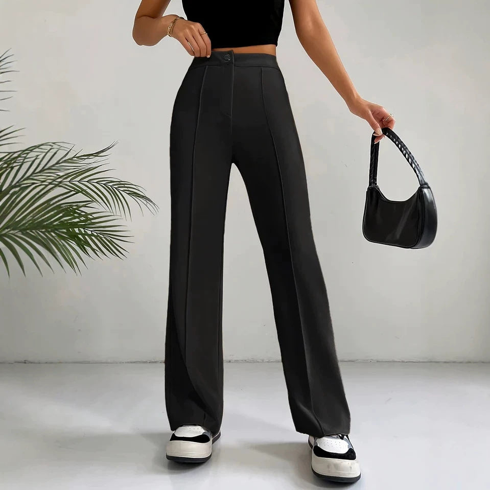 Women's High-Waisted Straight Flare Pants with Stitching Detail