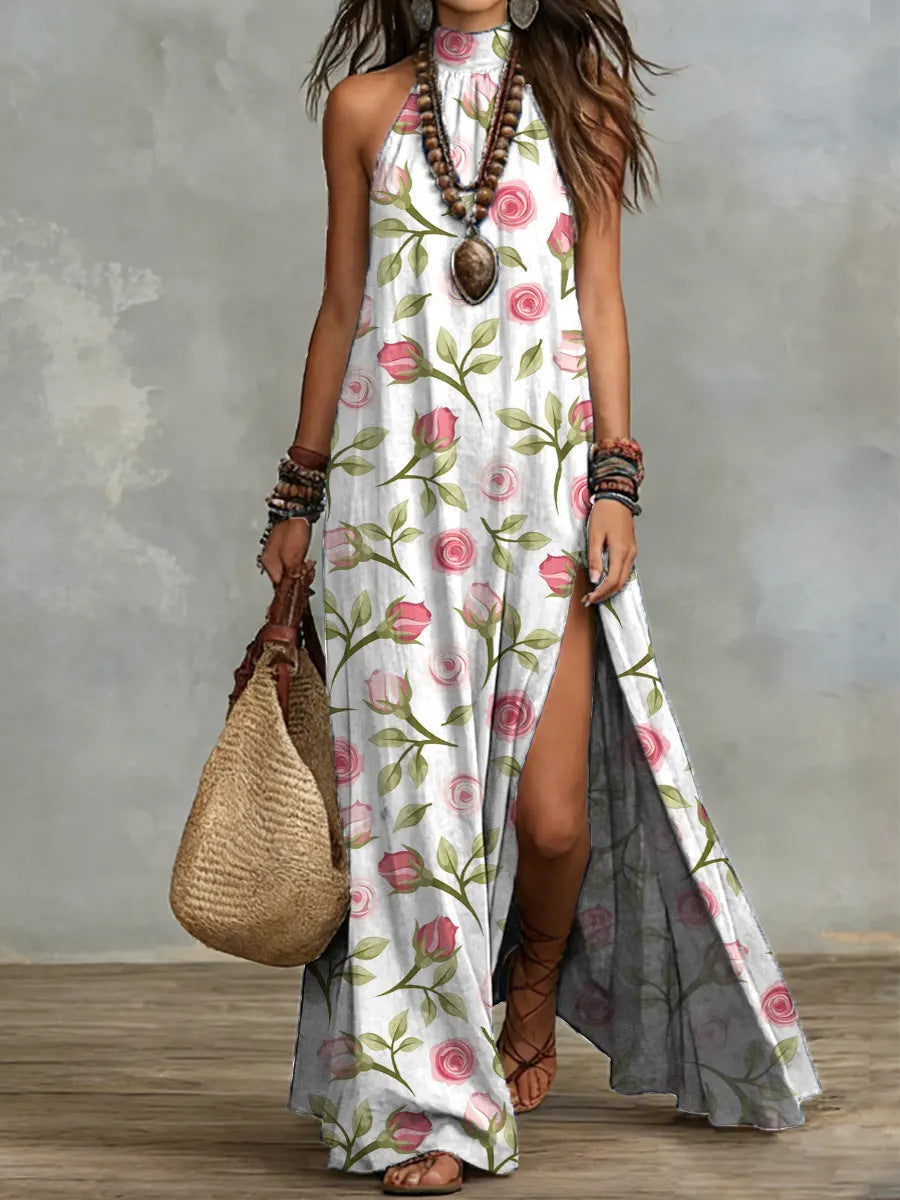 Women's Sleeveless Split Floral Print Maxi Dress