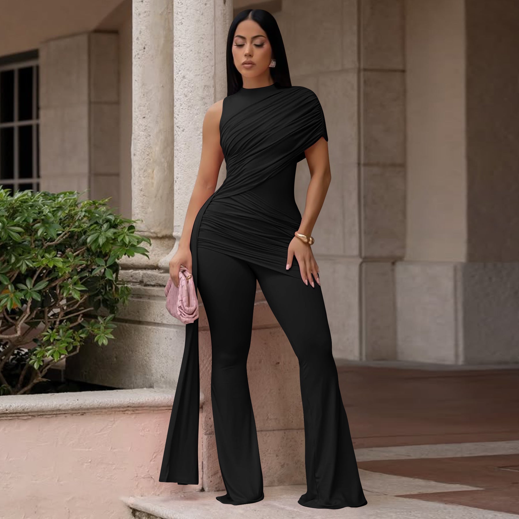Women's Crew-Neck Pleated Ribbon Flare Jumpsuit