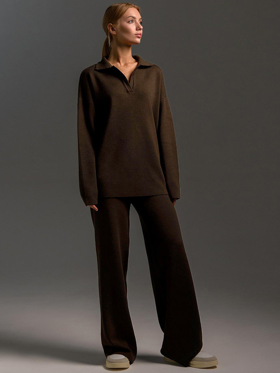 Women’s Fall Winter Two-Piece Set – Loose Collar Sweater Casual Outfit