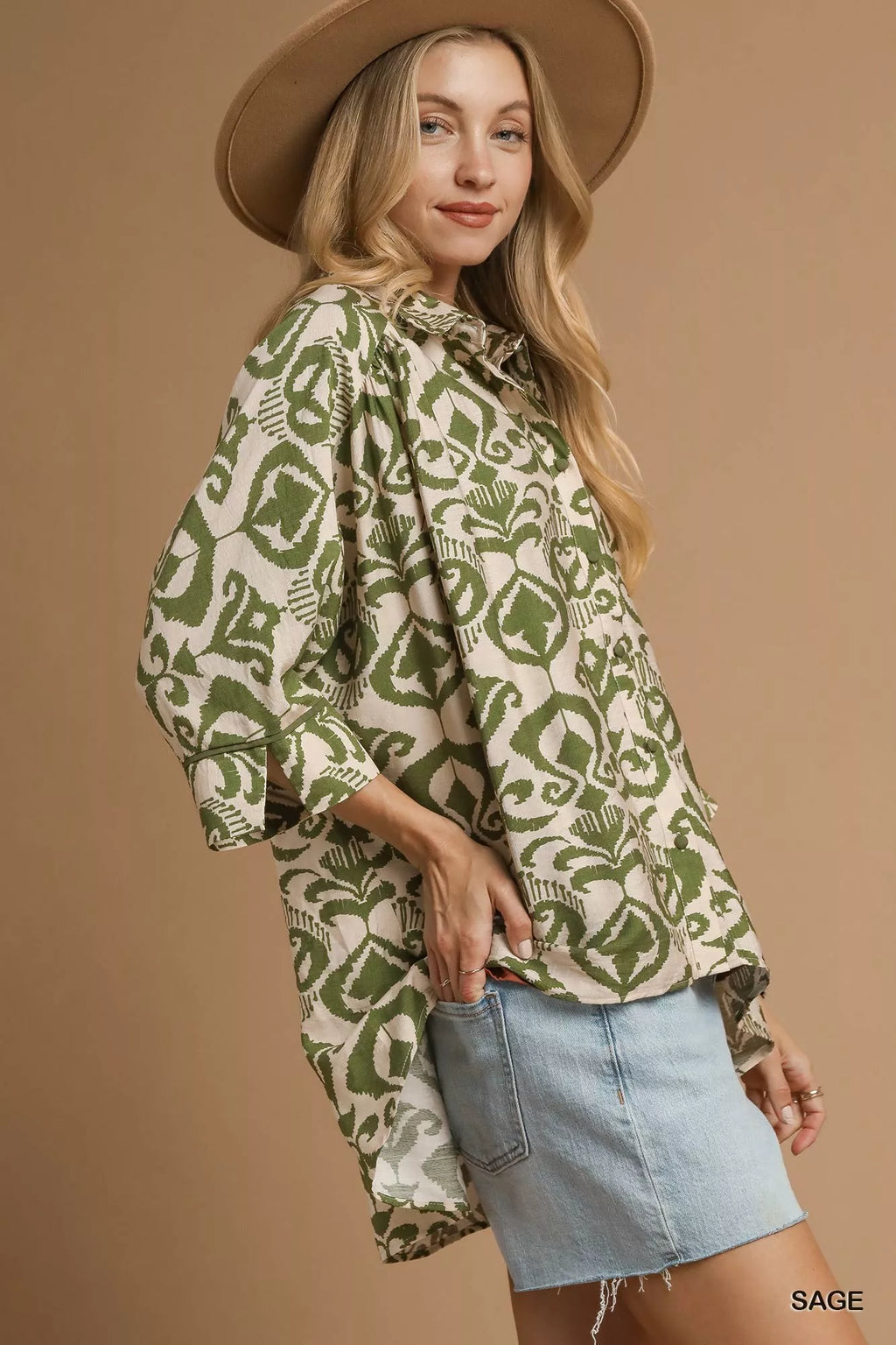 Umgee Abstract Print Button-Up Oversized Shirt