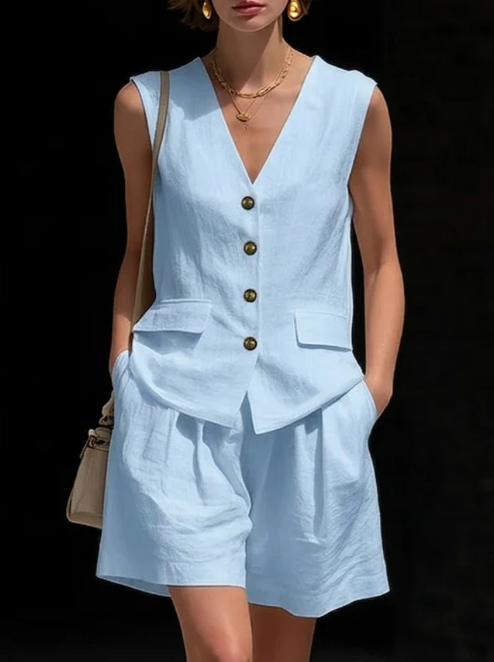 Women’s Cotton Linen Sleeveless Vest Top and Shorts Set