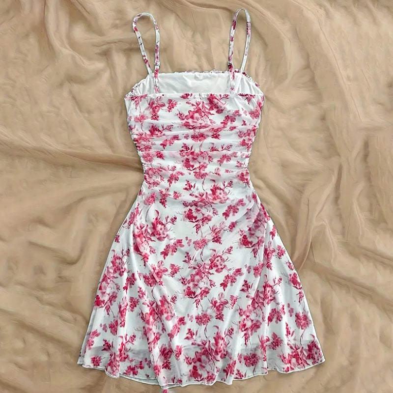 Boho Floral Spaghetti Strap Mini Dress – Ruched Ruffle Hem Vacation Sundress