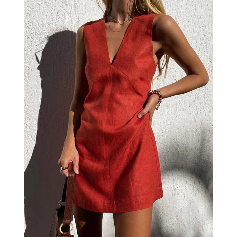 🌿 V-Neck Cotton & Linen Sleeveless Mini Dress