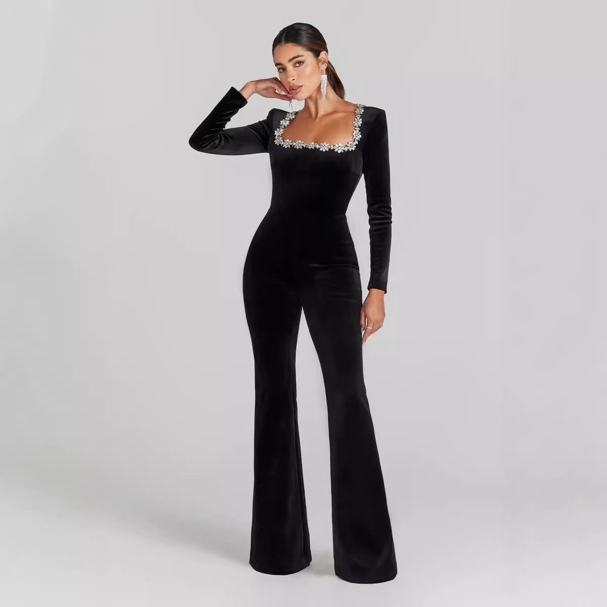 Women’s Diamond-Encrusted Square-Collar Flared Jumpsuit
