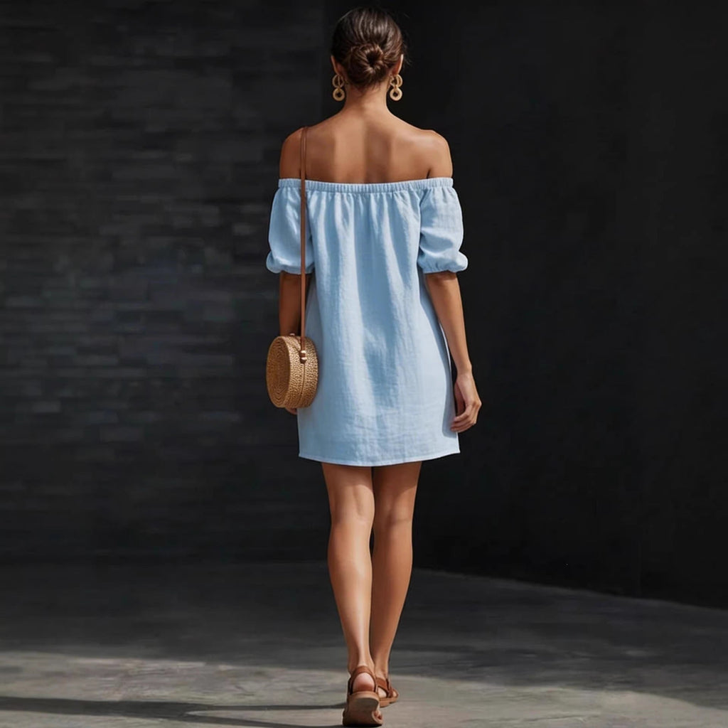Women's Cotton-Linen Off-Shoulder Puff-Sleeve Loose Mini Dress