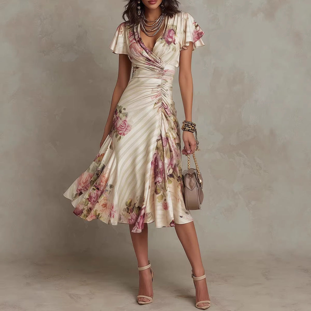 Ruffled Hem Maxi Dress – V-Neck Satin A-Line Color Block Dress