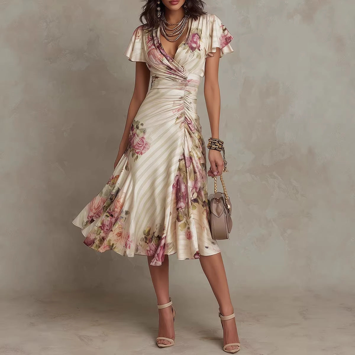 Ruffled Hem Maxi Dress – V-Neck Satin A-Line Color Block Dress
