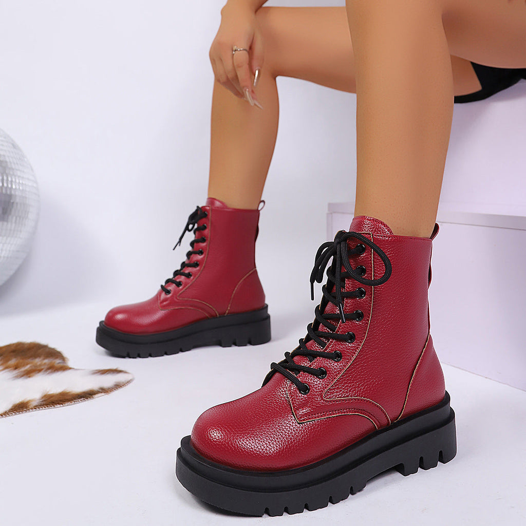 Women’s Round Toe Plus Size Lace-Up Chunky Sole Ankle Boots