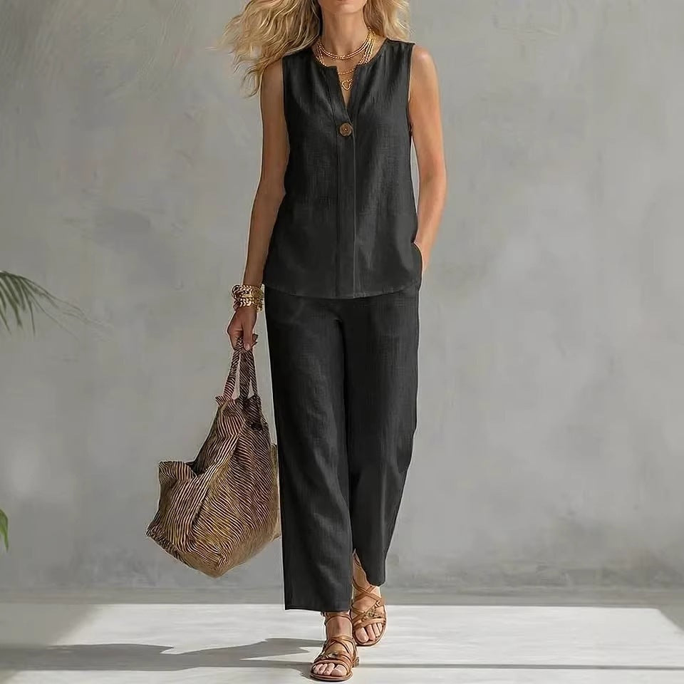 Women's Sleeveless V-Neck Top & Full-Length Pants Two-Piece Set
