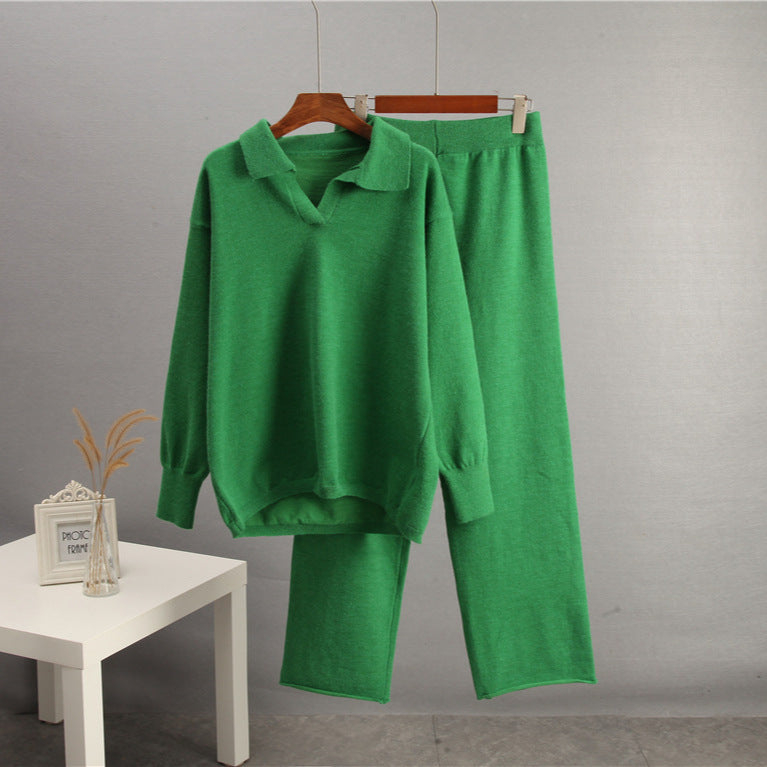 Solid Color Lapel Sweater Set for Women