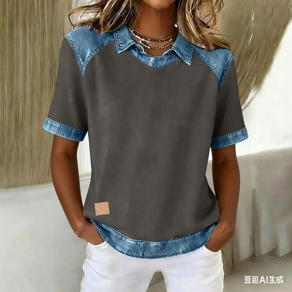 Patchwork Knitted Shirt Short-Sleeve Lapel Button-Up Shirt For Women