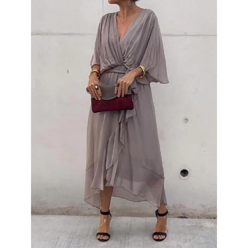 Batwing Sleeve V-Neck Midi Dress – Tied Irregular Hem Fairy Dress