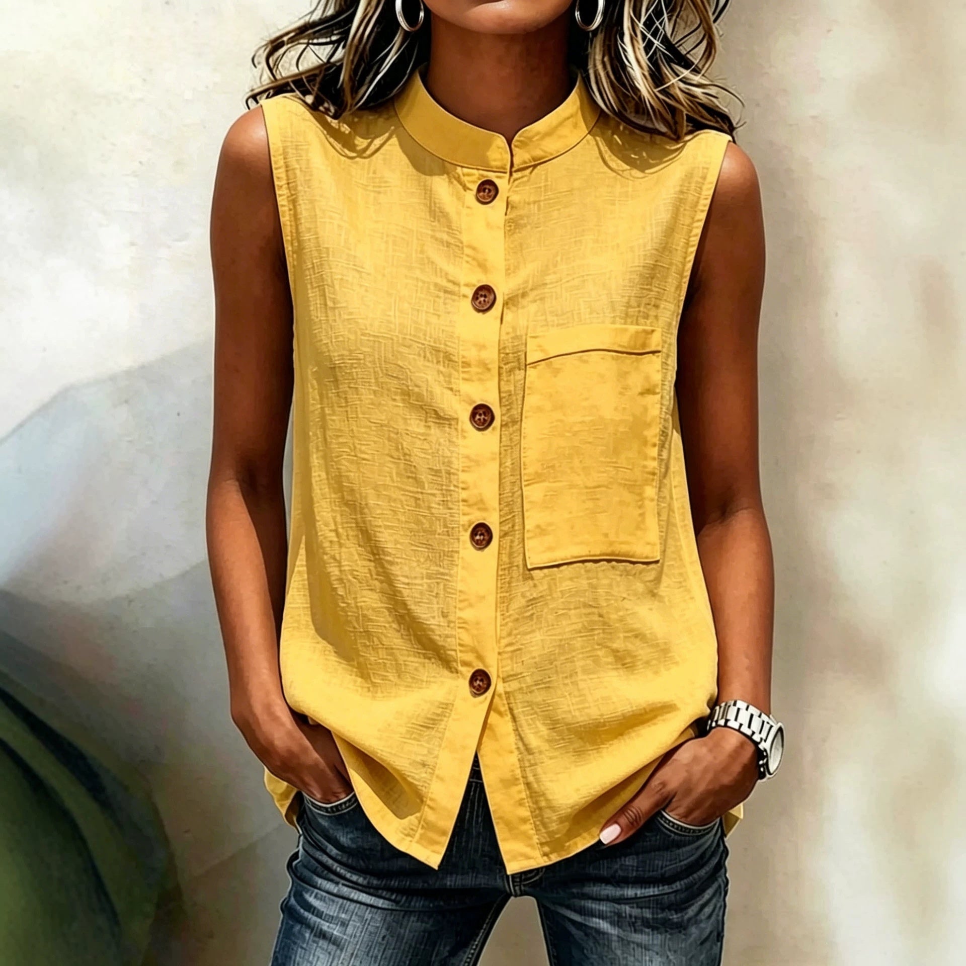 Women's Sleeveless Crop Top with Buttoned Pockets – Solid Color