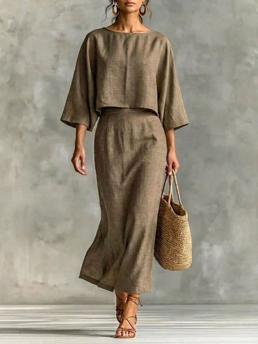 High Waist Long Skirt & 3/4 Sleeve Loose Top Set