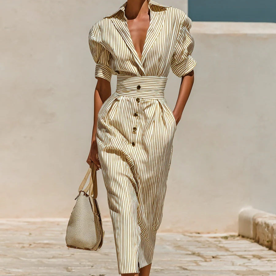 Women's Striped Lace-Up Shirt Dress – High Waist Slim Fit Midi