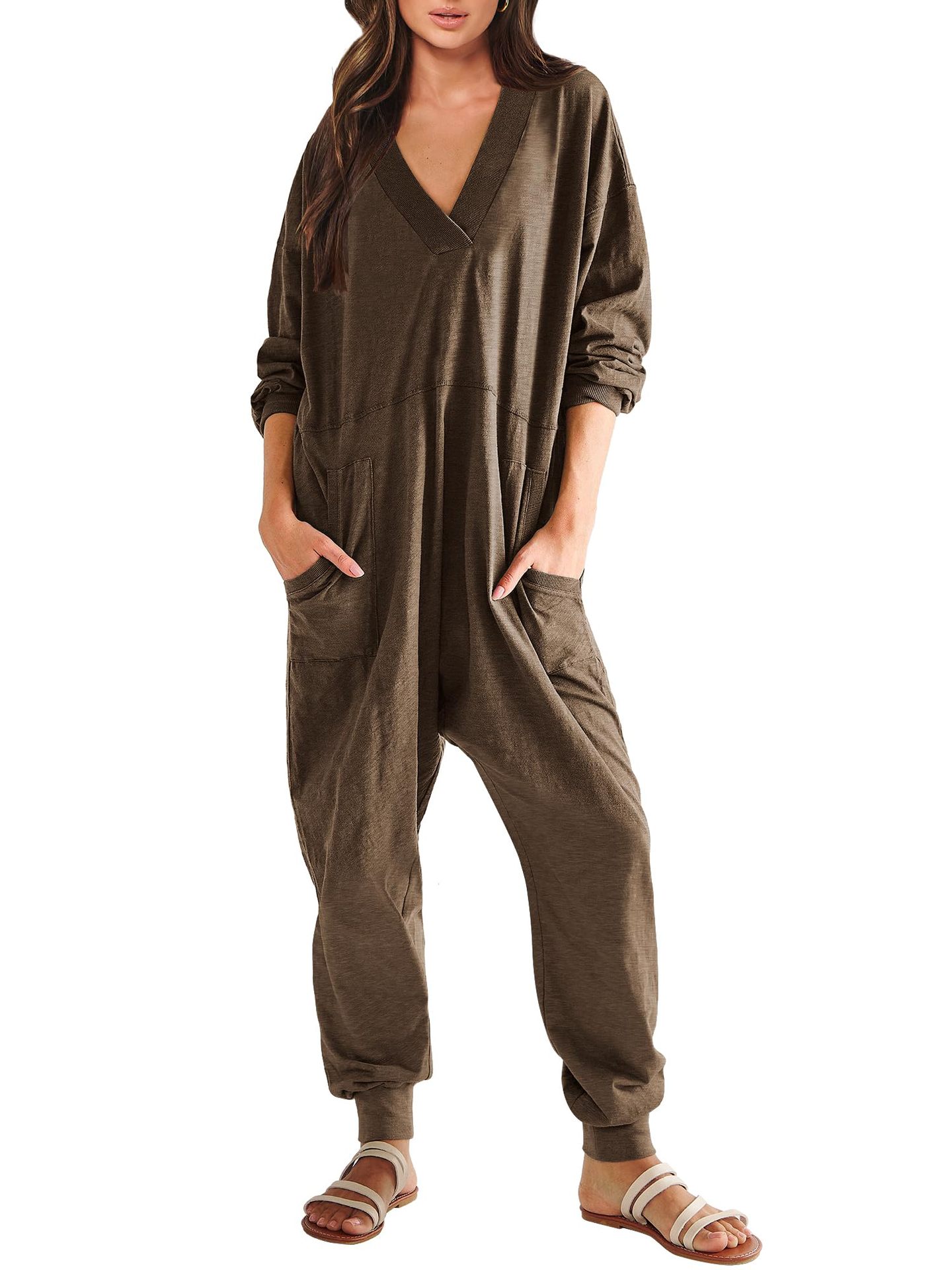Women’s V-Neck Long Sleeve Solid Color Loose Jumpsuit With Two Side Pockets