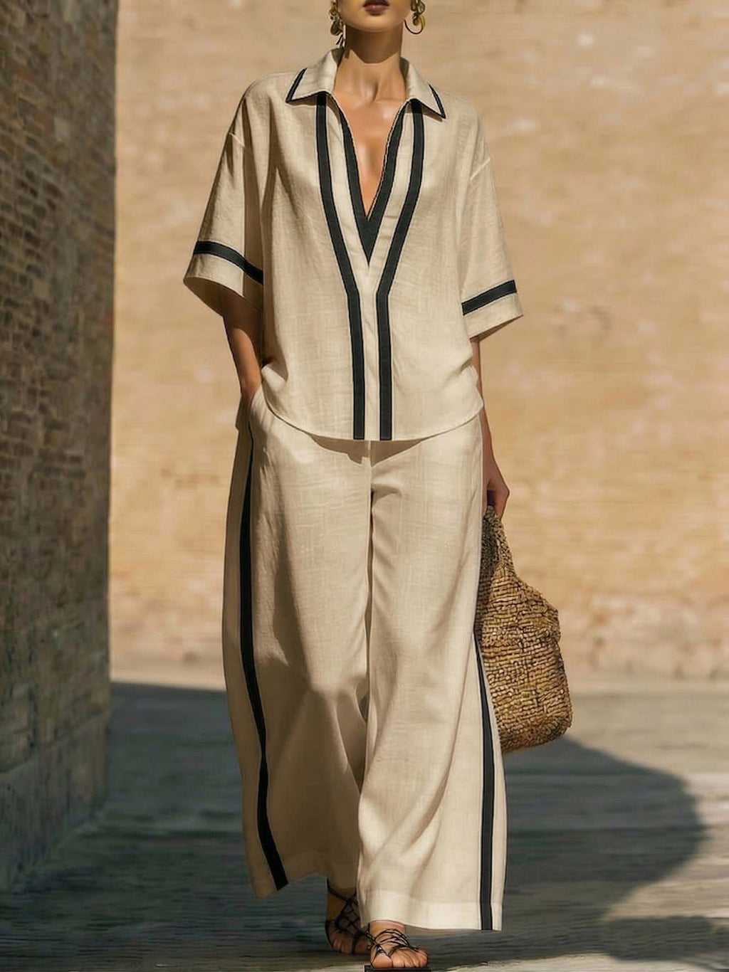 Women’s Color Block Shirt and Wide-Leg Pants Set