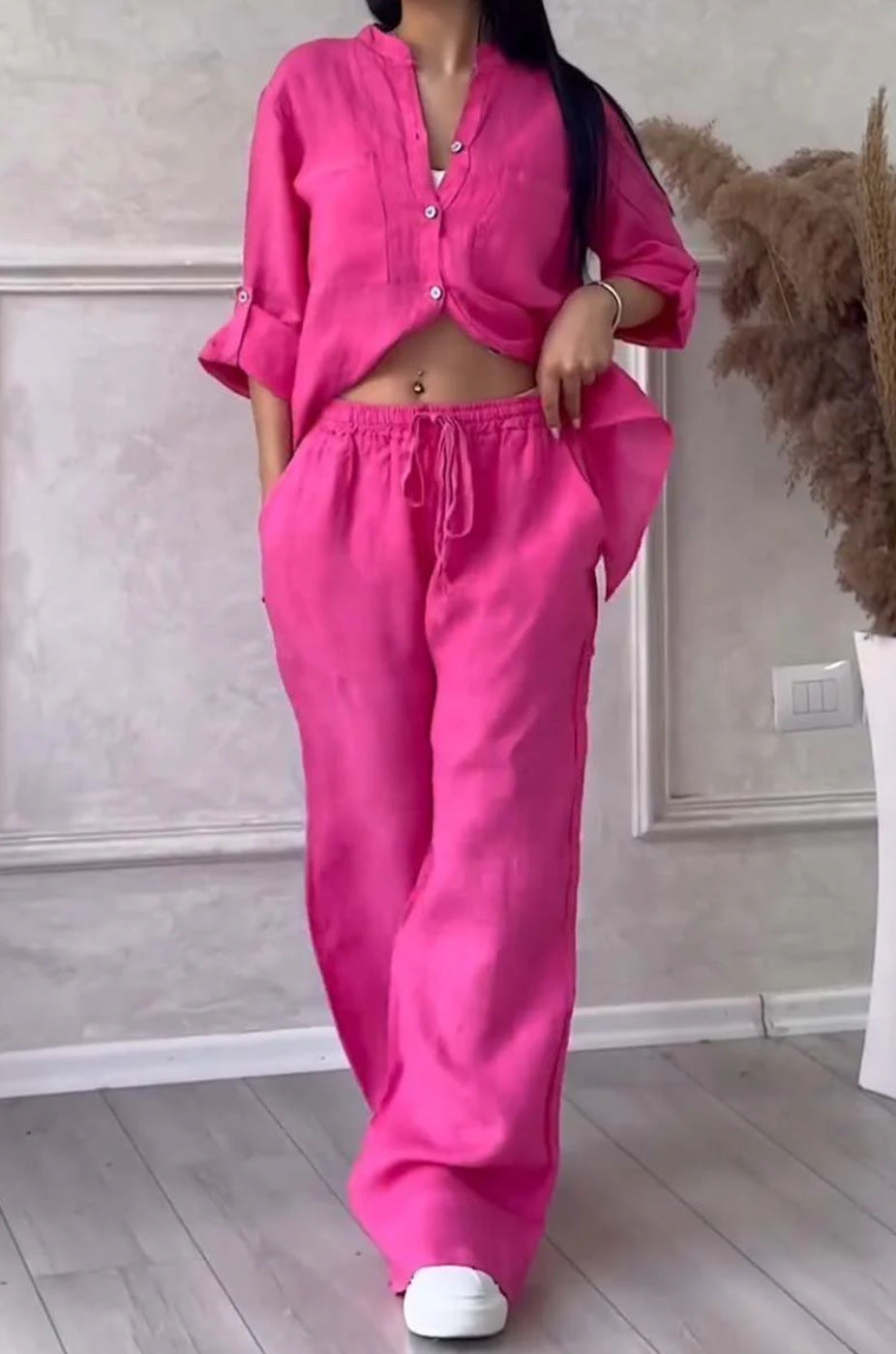 Wide-Leg Pants & Lace-Up Top Two-Piece Set – Solid Color, 12 Colors S–5XL
