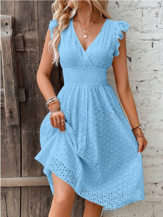 Waisted V-Neck Lace Midi Dress