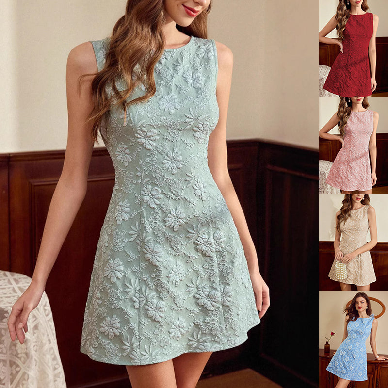 Women's Jacquard Sleeveless Midi Dress – Slim Fit French Minimalist Style