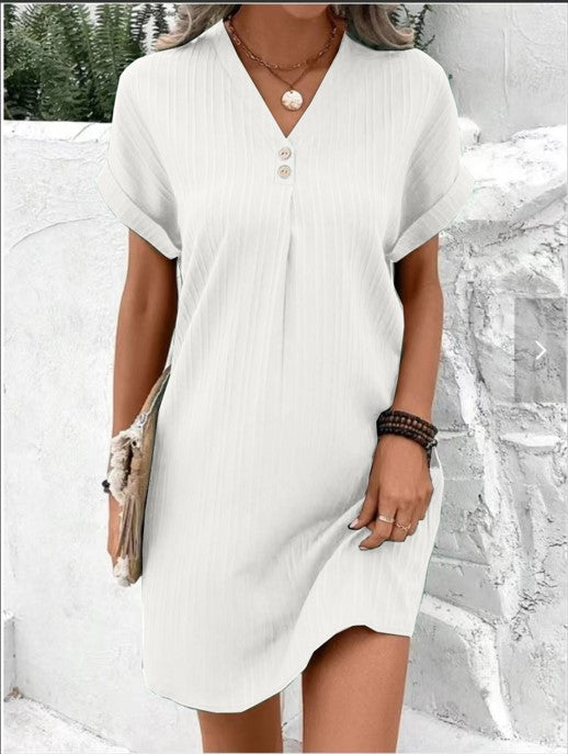 Button-Front V-Neck Dress – Short Sleeve Solid Casual Shirt Dress