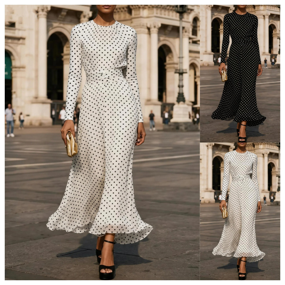 Round Neck Long Sleeve Polka Dot Sheath Dress